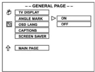 -- GENERAL PAGE -- TV DISPLAY ANGLE MARK ON OSD LANG OFF CAPTIONS SCREEN SAVER MAIN PAGE