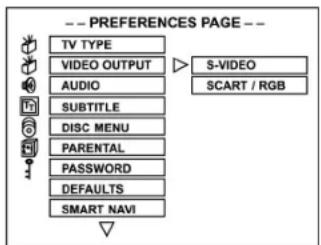 -- PREFERENCES PAGE -- TV TYPE VIDEO OUTPUT AUDIO SUBTITLE DISC MENU PARENTAL PASSWORD DEFAULTS SMART NAVI S-VIDEO SCART / RGB