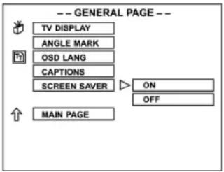 -- GENERAL PAGE -- TV DISPLAY ANGLE MARK OSD LANG CAPTIONS SCREEN SAVER ON OFF MAIN PAGE
