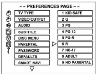 -- PREFERENCES PAGE -- TV TYPE 1 KID SAFE VIDEO OUTPUT 2 G AUDIO 3 PG SUBTITLE 4 PG 13 DISC MENU 5 PG-R PARENTAL 6 R PASSWORD 7 NC-17 DEFAULTS 8 ADULT SMART NAVI 9 NO PARENTAL