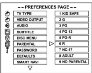 -- PREFERENCES PAGE -- TV TYPE 1 KID SAFE VIDEO OUTPUT 2 G AUDIO 3 PG SUBTITLE 4 PG 13 DISC MENU 5 PG-R PARENTAL 6 R PASSWORD 7 NC-17 DEFAULTS 8 ADULT SMART NAVI 9 NO PARENTAL