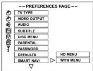 -- PREFERENCES PAGE -- TV TYPE VIDEO OUTPUT AUDIO SUBTITLE DISC MENU PARENTAL PASSWORD DEFAULTS SMART NAVI NO MENU WITH MENU