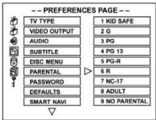 -- PREFERENCES PAGE -- TV TYPE VIDEO OUTPUT AUDIO SUBTITLE DISC MENU PARENTAL PASSWORD DEFAULTS SMART NAVI 1 KID SAFE 2 G 3 PG 4 PG 13 5 PG-R 6 R 7 NC-17 8 ADULT 9 NO PARENTAL