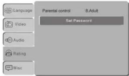 Language Video Audio Rating Misc Parental control 8.Adult Set Password