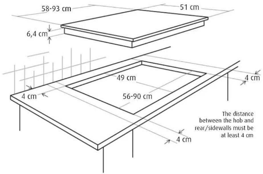 58-93 cm 51 cm 6,4 cm 4 cm 49 cm 56-90 cm 4 cm The distance between the hob and rear/sidewalls must be at least 4 cm