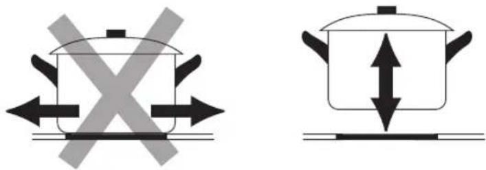 Diagram showing cooking pots with crossed arrows indicating heating or cooling conditions, alongside a separate cooking pot diagram.