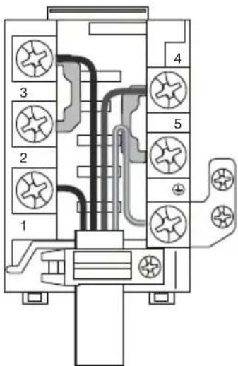 Technical diagram of a mechanical or electrical component with numbered parts and internal wiring connections