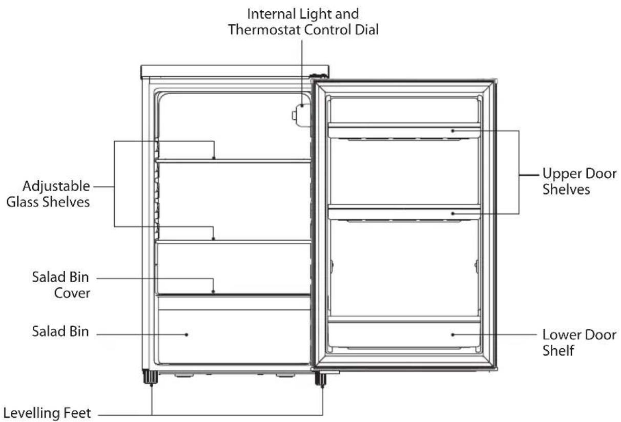 Internal Light and Thermostat Control Dial Adjustable Glass Shelves Salad Bin Cover Salad Bin Levelling Feet Upper Door Shelves Lower Door Shelf