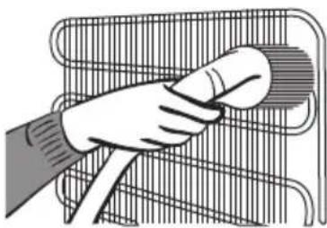 Illustration of a hand cleaning a wire mesh structure (no text or symbols).