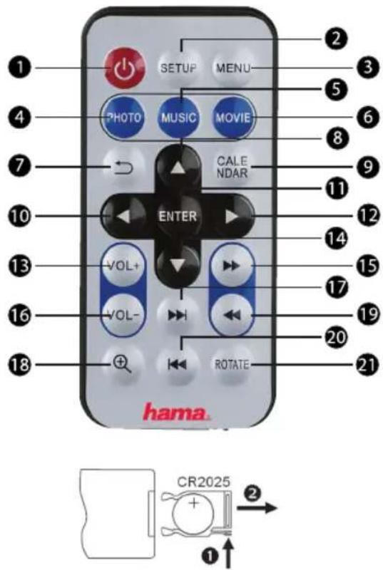 1 2 3 4 5 6 7 8 9 10 11 12 13 14 15 16 17 18 19 20 21 SETUP MENU PHOTO MUSIC MOVIE CALENDAR ENTER VOL+ VOL- ROTATE hama. CR2025