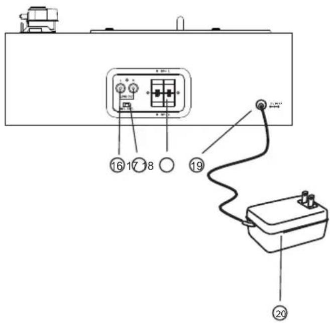 Diagram showing electrical wiring connections between a device panel and a connected battery, with numbered labels pointing to components.
