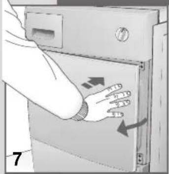 Diagram showing hand pressing down on a device panel with directional arrows indicating movement or force