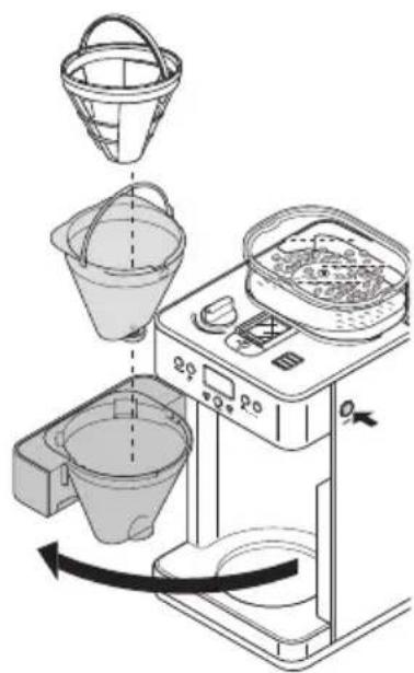 Diagram illustrating a coffee maker's processing steps with labeled components and directional arrows indicating rotation.