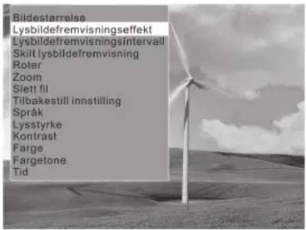 Bildestrørende Lysbildefremvisningseffekt Lysbildefremvisningsintervall Skilt lysbildefremvisning Roter Zoom Slett fil Tilbakestill innstilling Språk Lysstyrke Kontrast Farge Fargetone Tid