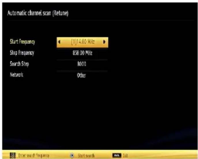 Automatic channel scan (Retune) Start Frequency [1]14.00 MHz Stop Frequency 858.00 MHz Search Step 8000 Network Other