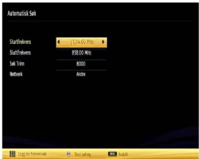 Automatisk Sok Startfrekvens 114.00 MHz Sluttfrekvens 858.00 MHz Sok Trinn 8000 Nettvenk Andre Legg inn frekversstk Start salang Avoluti