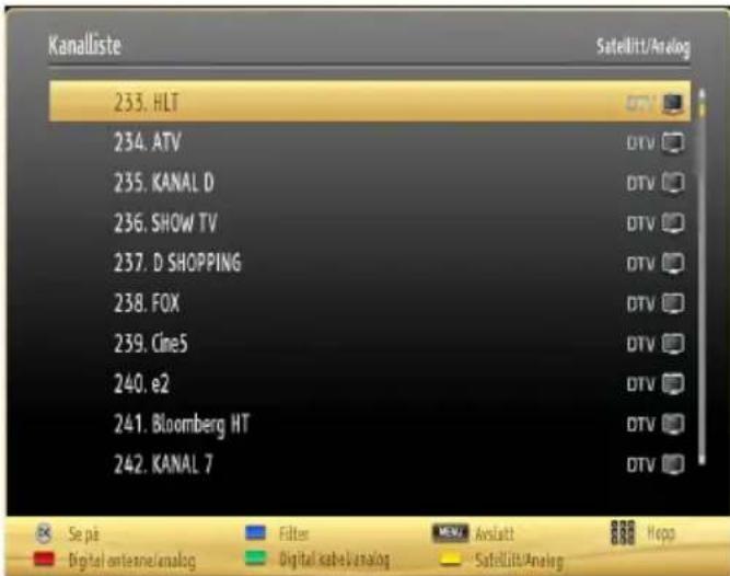 Kanalliste Satellitt/Analog 233. HLT 234. ATV 235. KANAL D 236. SHOW TV 237. D SHOPPING 238. FOX 239. Cine5 240. e2 241. Bloomberg HT 242. KANAL 7 Se på Digital ontesne/analog Filter Digital sabel/analog Avslatt Satellitt/Analog Hopp