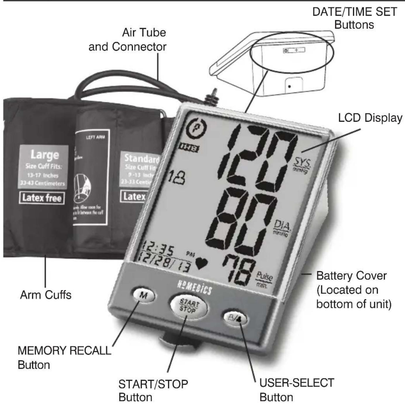 DATE/TIME SET Buttons Air Tube and Connector LCD Display Large Size Cuff Fits: 13-17 Inches 33-43 Centimeters Latex free LEFT ARM Standard Size Cuff Fits: 9-13 Inches 23-33 Centimeters Latex 18 12:35 PM 12/28/13 78 Pulse min. HOMEDICS M START STOP B/A Battery Cover (Located on bottom of unit) MEMORY RECALL Button START/STOP Button USER-SELECT Button