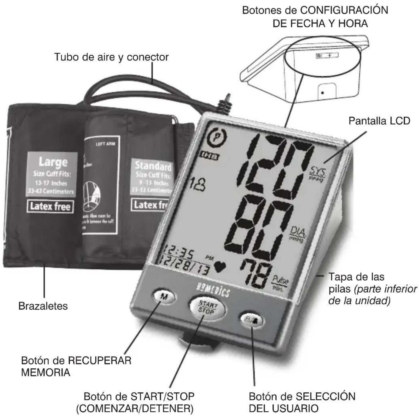 Botones de CONFIGURACIÓN DE FECHA Y HORA Tubo de aire y conector Pantalla LCD Large Size Cuff Fits: 13-17 Inches 33-43 Centimeters Latex free LEFT ARM Standard Size Cuff Fits: 9-13 Inches 23-33 Centimeters Latex free Brazaletes Botón de RECUPERAR MEMORIA 12:35 PM 12/28/13 78 Pulse min. HOMEDICS START STOP B/A Tapa de las pilas (parte inferior de la unidad) Botón de START/STOP (COMENZAR/DETENER) Botón de SELECCIÓN DEL USUARIO