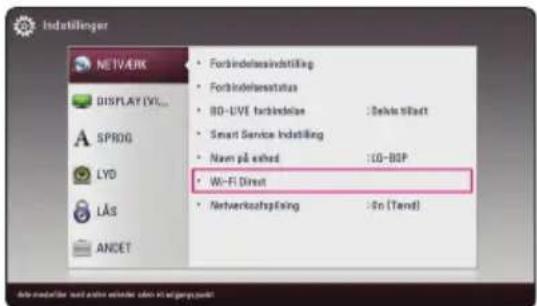 Indstellinger NETWORK DISPLAY (VY... SPROG LYD LÄS ANCET • Forbindelsindstilling • Forbindelsstatus • BD-LIVE forbindelse :Delin Wift • Smart Service Indstilling • Nav på exhed :GO-BGP • Wi-Fi Direct • Netverkschspfing :En (Tand)
