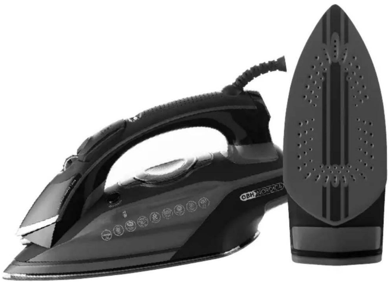Black and white photo of a steam iron with a side view showing its front grille and body (no text or symbols visible)