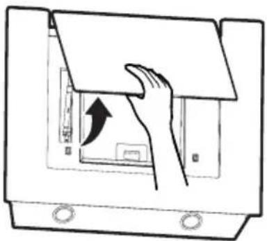 Illustration of a hand opening a document into a computer case (no text or symbols visible)