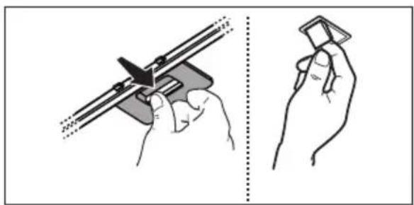 Illustration showing two hands holding a tool, one with a pointed tip and the other holding a clip (no text or symbols present)