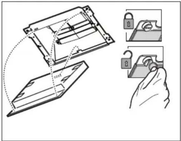 Diagram illustrating the step-by-step installation of a device with lock and padlock, showing hand positioning and assembly.