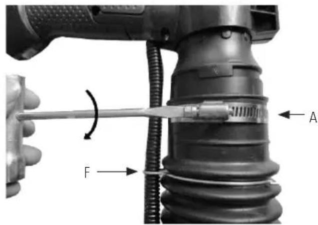 Technical diagram showing a tool interacting with a mechanical component, labeled with points A and F and an angle symbol.
