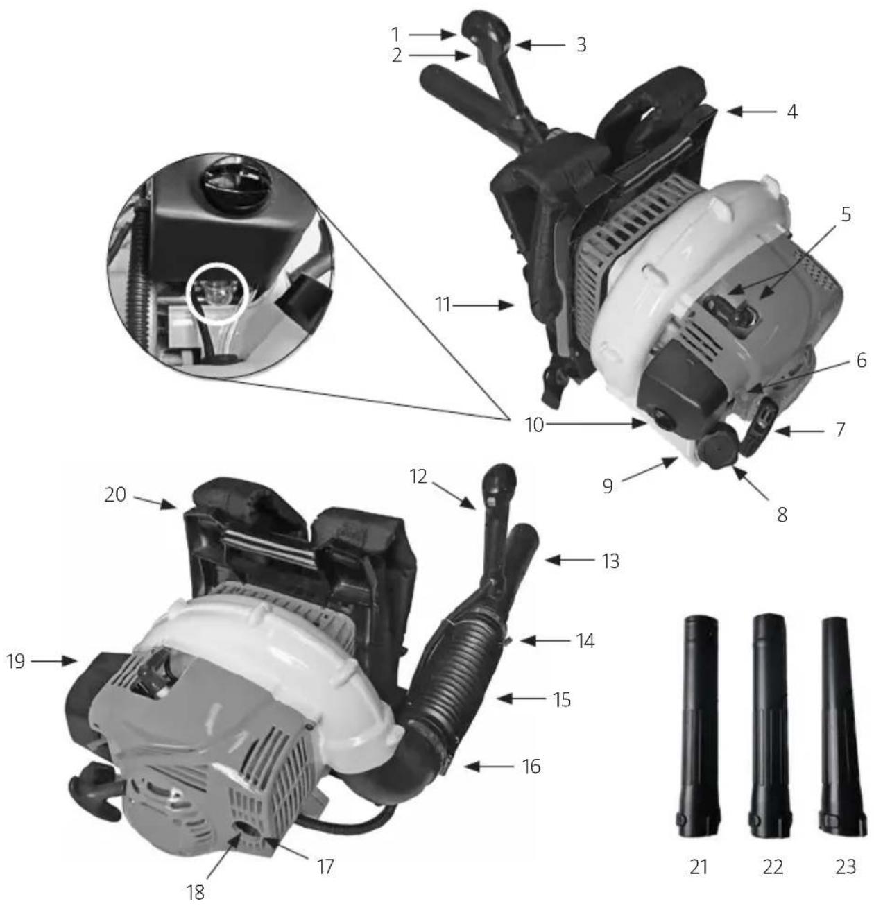 Technical diagram of a mechanical device with numbered parts and exploded view, including close-ups and assembly details.