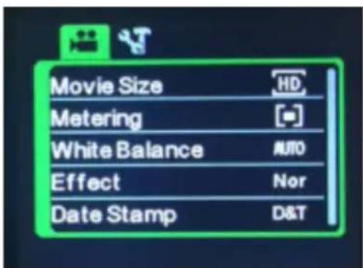 Movie Size HD Metering White Balance AUTO Effect Nor Date Stamp D&T