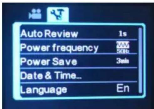 Auto Review 1s Power frequency WW 50Hz Power Save 3min Date & Time... Language En