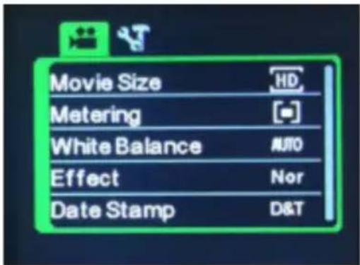 Movie Size HD Metering White Balance AUTO Effect Nor Date Stamp D&T