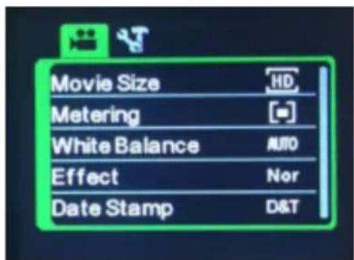 Movie Size HD Metering White Balance AUTO Effect Nor Date Stamp D&T