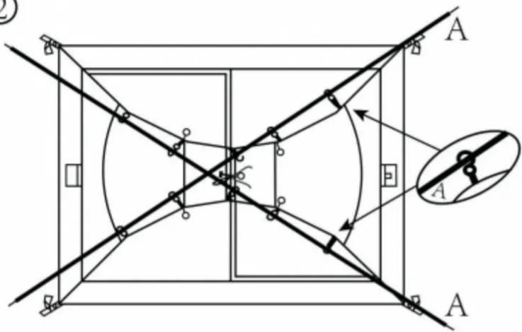 Technical diagram showing geometric construction with labeled points A and a magnified inset of a circular feature, likely from an engineering or physics context.