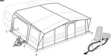 Diagram of a tent setup with numbered components and a separate charger icon, likely for architectural or engineering reference.