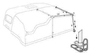 Technical diagram of a vehicle door frame with numbered components and a separate mechanical component detail.
