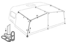 Technical diagram of a vehicle's rear panel with numbered components and directional arrows indicating assembly or movement.