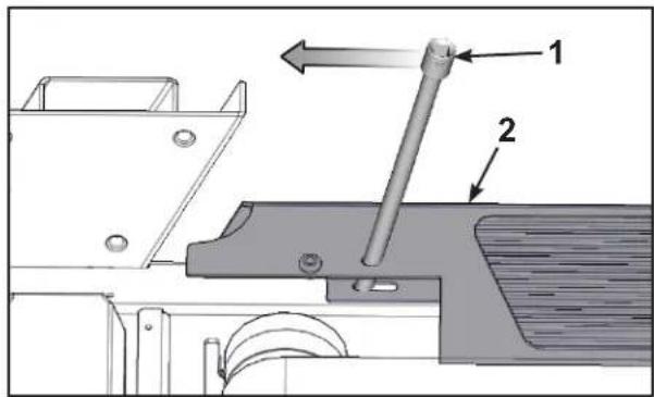 Technical diagram showing mechanical assembly with labeled parts 1 and 2, including directional arrows and components