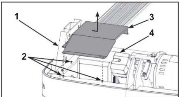 Technical diagram of a mechanical assembly with numbered components and directional arrows indicating assembly steps.