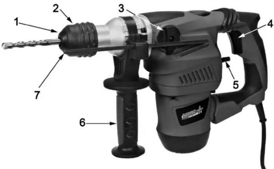 Labeled diagram of a mechanical drill press with numbered parts for identification