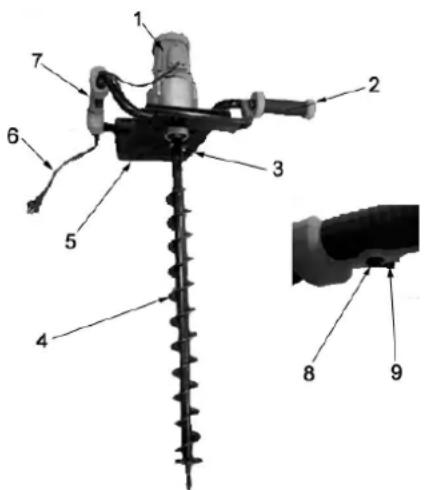 Technical diagram of a mechanical tool with numbered components and an inset view showing labeled parts 8 and 9.