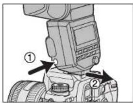 Diagram of a camera with labeled parts, showing two directional arrows pointing to the camera's base.
