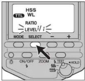 HSS TTL WL RATIO LEVEL/: MODE SELECT - + ON/OFF ZOOM TEST HOLD