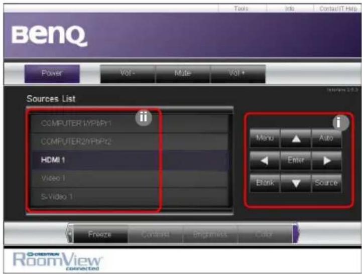 BenQ Tools Info Contact/IT Help Power Vol - Mate Vol + Sources List COMPUTER1/YPBPI1 COMPUTER2/YPBPI2 HDMI 1 Video 1 5-Video 1 Menu Auto Enter Blank Source Freeze Contrast Brightness Color RoomView® connected