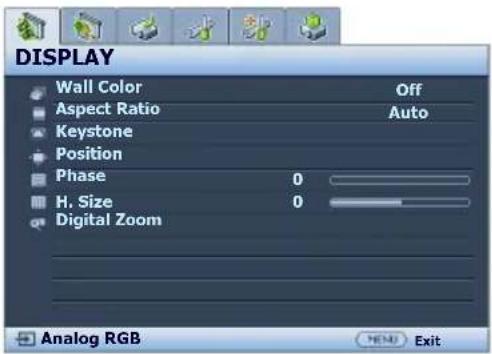 DISPLAY Wall Color Off Aspect Ratio Auto Keystone Position Phase 0 H. Size 0 Digital Zoom Analog RGB Next Exit