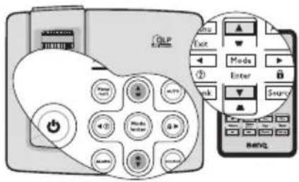 Diagram showing a device with control buttons and a hand-drawn interface with labeled buttons like 'Enter', 'Menu', and 'Source'.