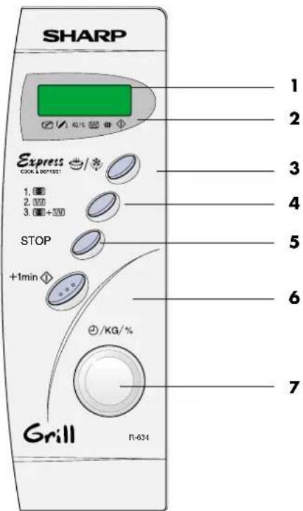 SHARP Express COOK & CORNERS 1. 2. 3. 4. STOP +1min +/KG/% Grill R-634