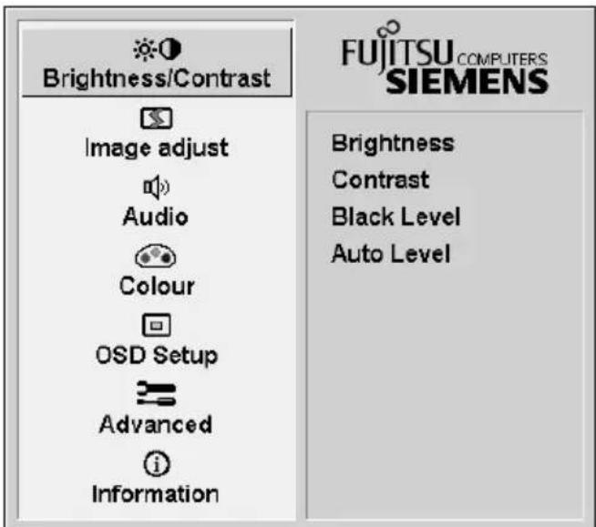 Brightness/Contrast Image adjust Audio Colour OSD Setup Advanced Information FUJITSU COMPUTERS SIEMENS Brightness Contrast Black Level Auto Level