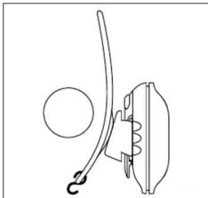 Enkel linjetegning af en mekanisk eller elektrisk komponent med et cirkulært hoved og buet arm, ingen tekst eller symboler til stede.